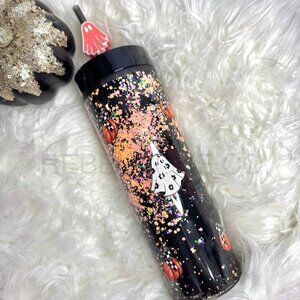 Halloween Fall Ghost Cute Pumpkin Snow Globe Tumbler With Straw Topper NEW